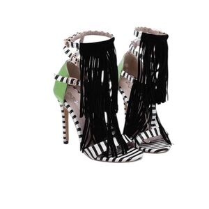 Di JiGirls Stylish Black and Green Fringe Heels/Sandals/Stilettos Sz 5.5  EU 36